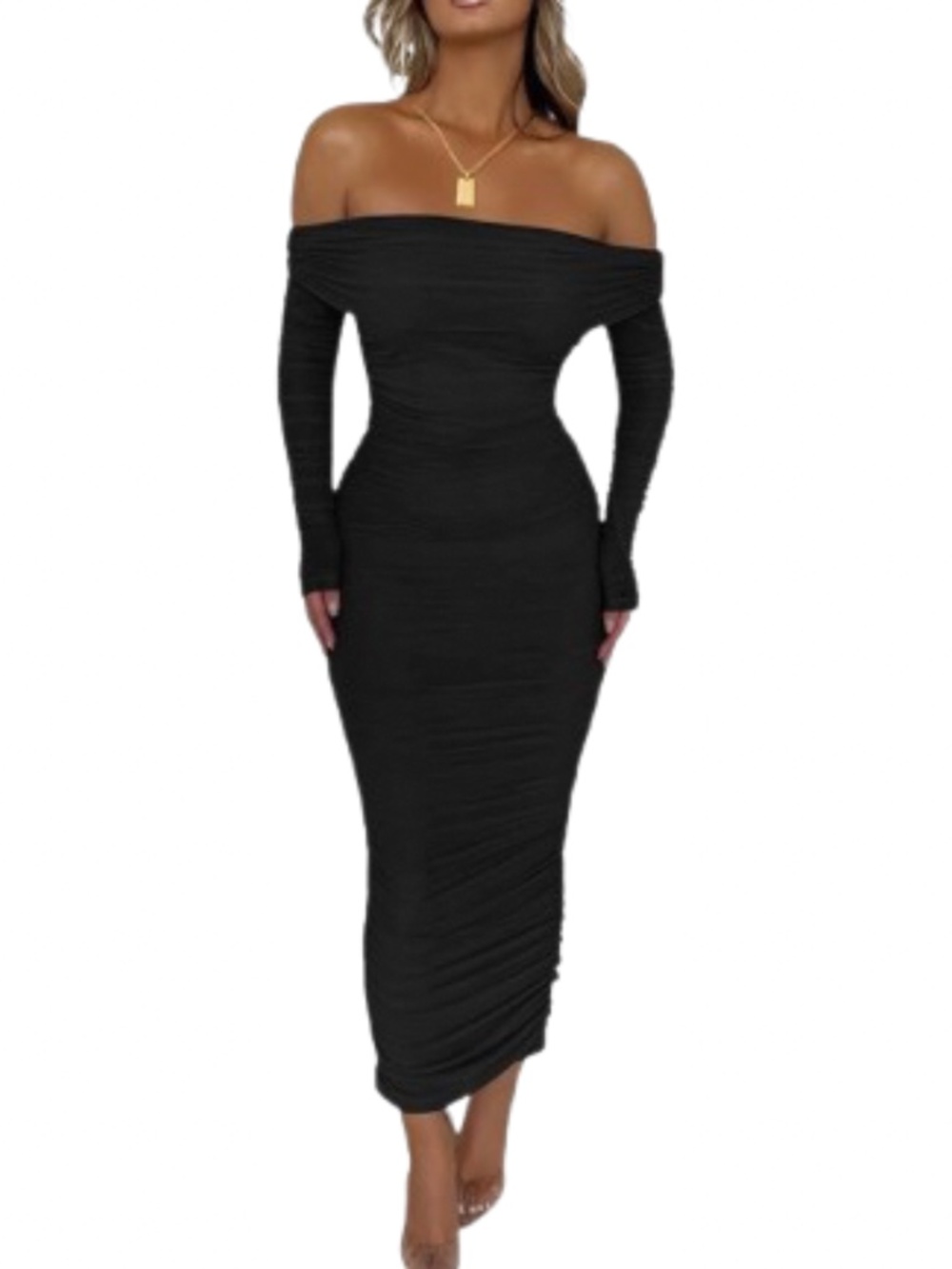 NWT PRETTYGARDEN Off Shoulder Bodycon Long Sleeve Ruched Maxi Dress Size Small